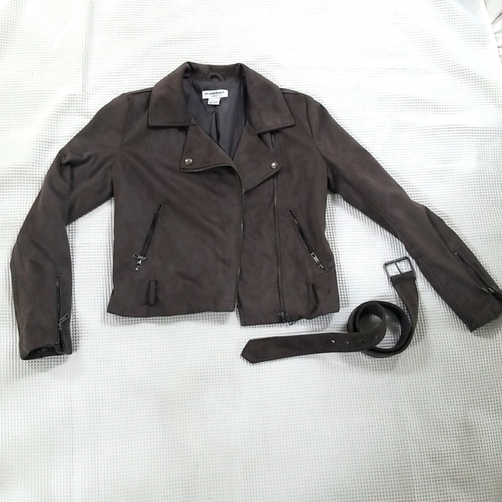 Faux suede cropped grey moto jacket